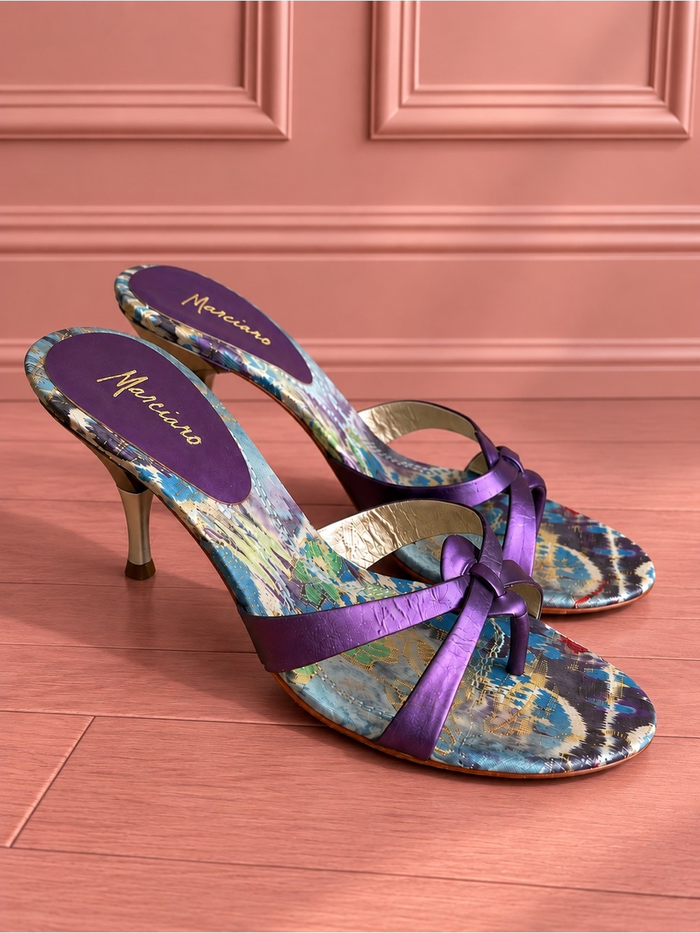 Y2K Marciano Purple Satin Knot Heel Sandals